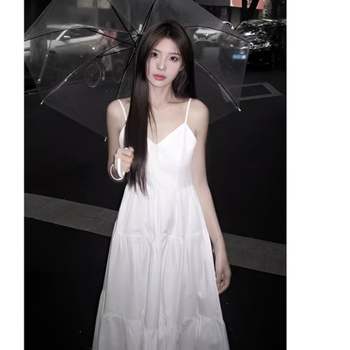 2025 summer new French V-neck white suspender dress for women with waist design niche temperament small skirt