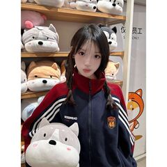 美式复古徽章条纹拼接撞色棒球服外套女秋冬立领夹克慵懒拉链卫衣