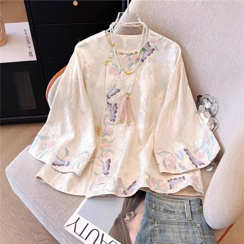 New Chinese-Style Embroidered Long-Sleeve Shirt for Women, 2026 Spring, Plus-Size, Tummy-Concealing, Satin Blouse New Chinese-Style Embroidered Long-Sleeve Shirt for Women, 2026 Spring, Plus-Size, Tummy-Concealing, Satin Blouse