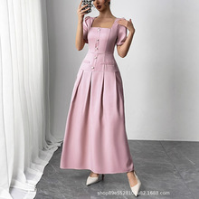 法式优雅通勤ins女中长款夏季新款简约气质收腰显瘦方口领连衣裙