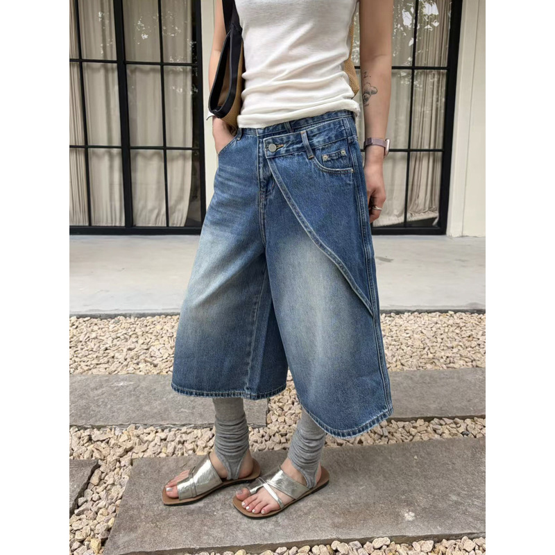 Icciicc Deconstructed Patchwork Waistband Wide-Leg Cropped Pants Summer Fashionable Washed Denim Mid-Length Pants for Women 10974