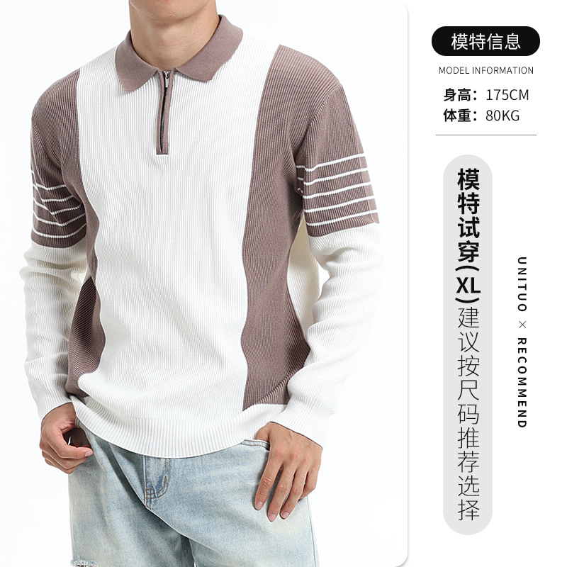 Cross-border hombre otoño invierno medio cremallera suéter de solapa hombre de negocios ocio rayas contraste polo suéter de punto