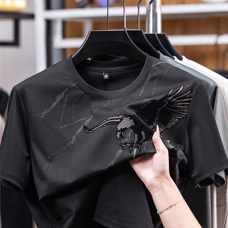 New 2026 Rhinestone Short-Sleeve T-Shirt for Men, Summer Thin Ice Silk Cool-Feel Half-Sleeve Men's Popular Seamless Mulberry T-Shirt