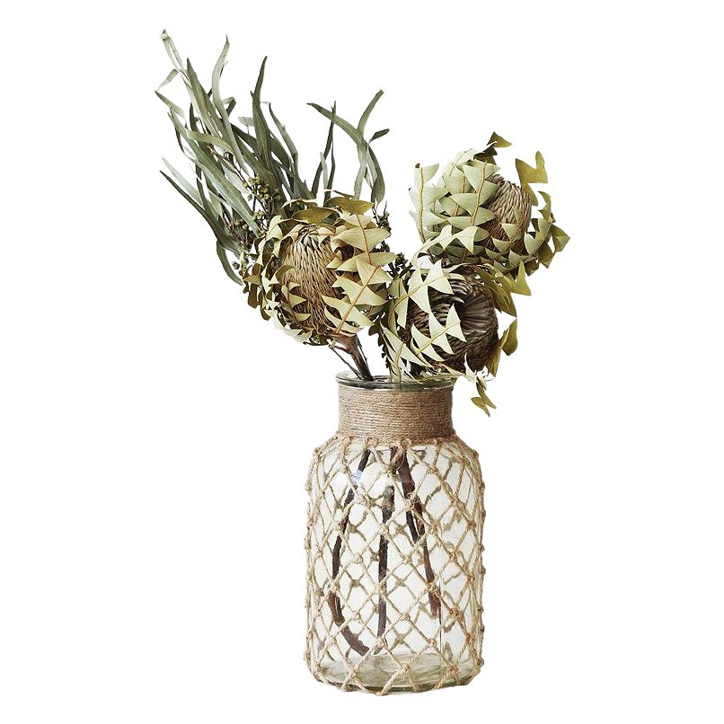 Стеклянная ваза с сеткой из конопляной веревки ручной работы Сухой цветок Цветочная бутылка Гидропонный контейнер Кантри Винтаж Американская Пастораль