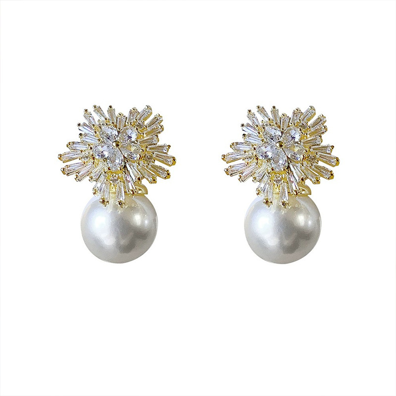 Eleganti orecchini di perle con strass a forma di fiocco di neve, dal temperamento super scintillante, orecchini di lusso leggeri, da donna_voghion.com