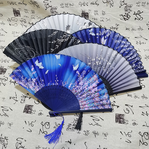Japanese style folding fan ancient Chinese style medium long handle silk fan craft gift ladies dance fan factory wholesale