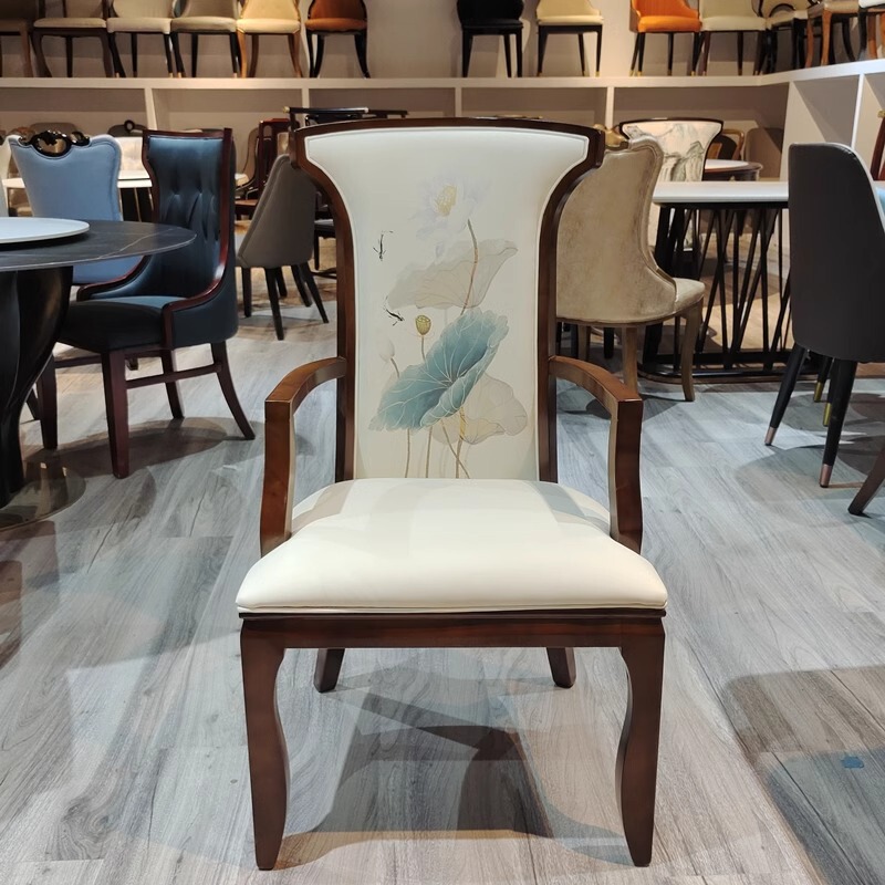 New Chinese Chair High Backrest Classical Light Luxury with Armrests Simple Tea Restaurant Club Hotel Printed Dining Chair