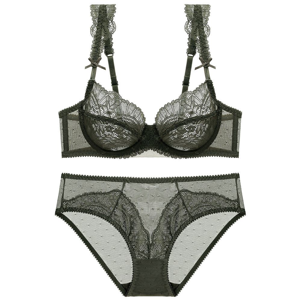 Traje de ropa interior sexy de encaje más tamaño sujetador transparente fino pecho grande lado pequeño cerrado traje de sujetador de mujer antideslizante