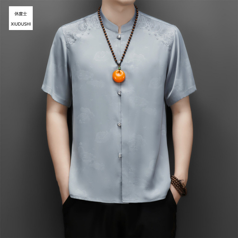 Hanfu Men's Summer Chinese Style Tang Suit Middle-aged and Elderly Father's Clothing Chinese Style Men's Short Sleeve Retro Fold Button Shirt