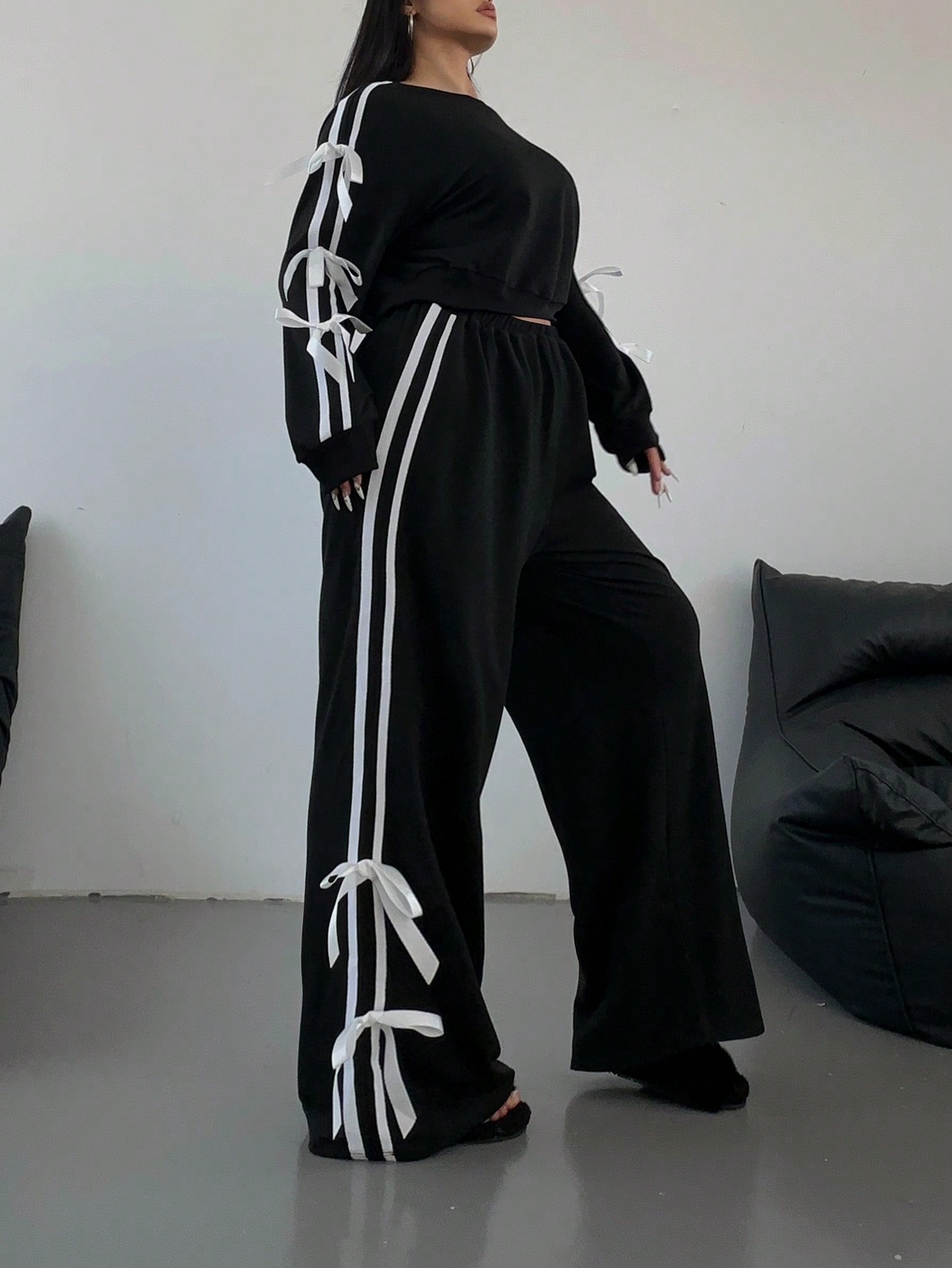 Plus Size Fashionable Casual Style Bow Design Women's Set Autumn Winter Style_ecoleips.com