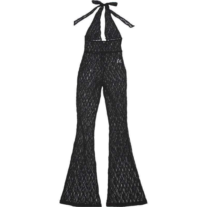 Fall Women Clothing Sexy Halter Deep V Plunge Neck Lace See Through Lace Up Backless Jumpsuit