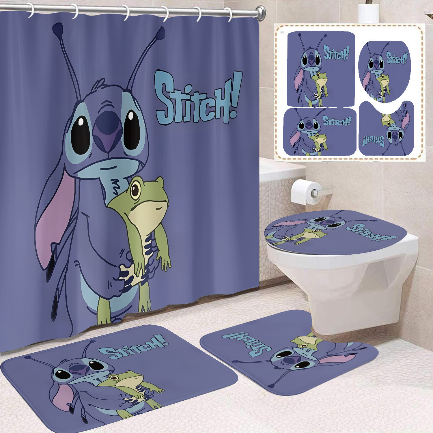 Venta directa de fábrica lindo baño de dibujos animados de cuatro piezas cortina de ducha impermeable cortina de ducha sin perforación cortina de partición de baño de baño