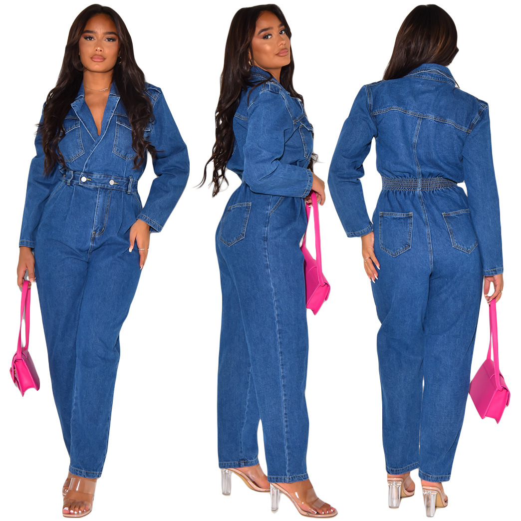 Women's Clothing ins Internet celebrity same style sexy suit collar denim jumpsuit in stock_voghion.com