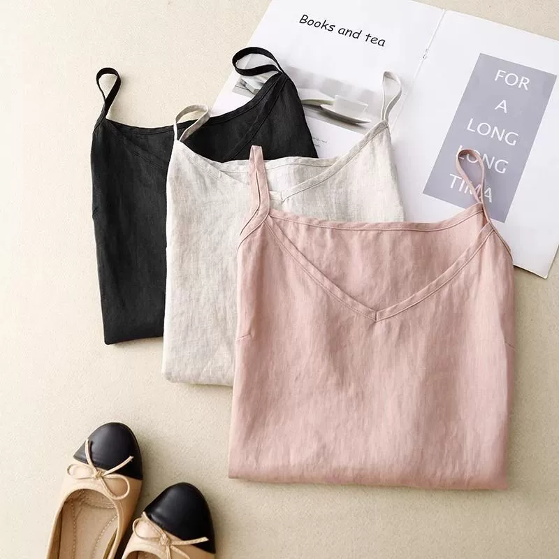 Хлопковый и льняной слинг, женский свободный и тонкий внутренний v-образный вырез, хлопковый и льняной жилет без рукавов, летний новый стиль, литературный тренд