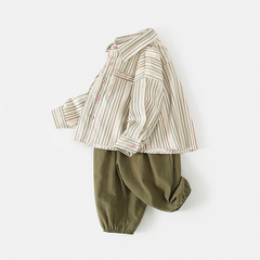 男寶寶日系襯衫森系燈籠褲長褲燈芯絨襯衣豎條紋洋氣韓版超柔穿搭