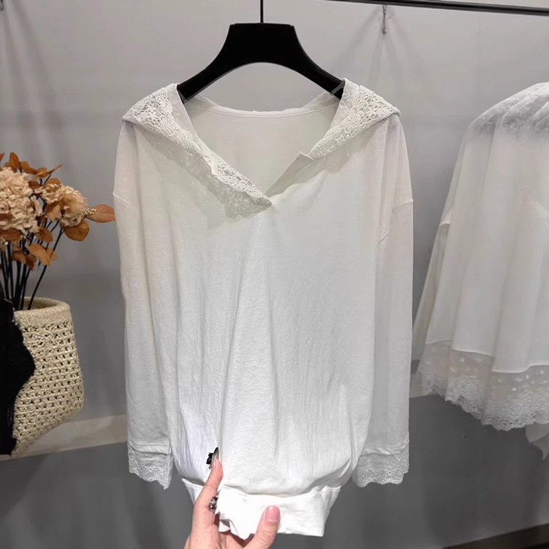 Korean Style Spring Clothing New Lace Hooded Collar Solid Color Simple Loose Pullover Long-Sleeved White Inner T-Shirt Base Layer Korean Style Spring Clothing New Lace Hooded Collar Solid Color Simple Loose Pullover Long-Sleeved White Inner T-Shirt Base Layer