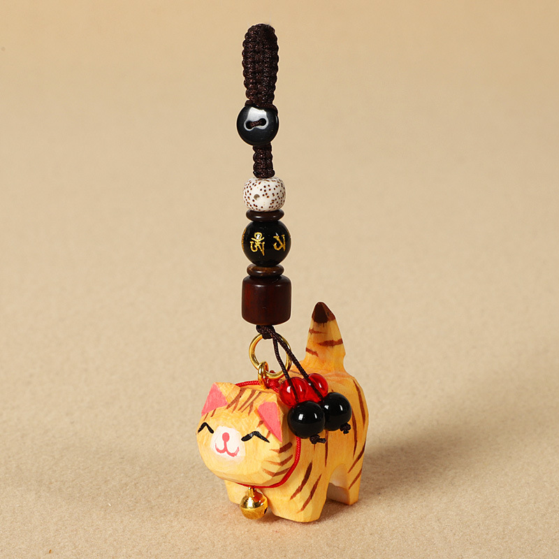 手作り木彫り太ったオレンジ猫車のキーホルダーペンダントかわいい牛猫スクールバッグペンダント女性の親友へのギフトとして