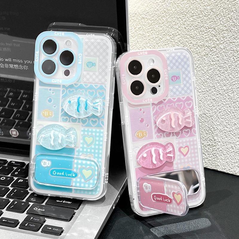 清新立体可爱小鱼适用苹果16promax保护套镜面支架iphone15手机壳|undefined