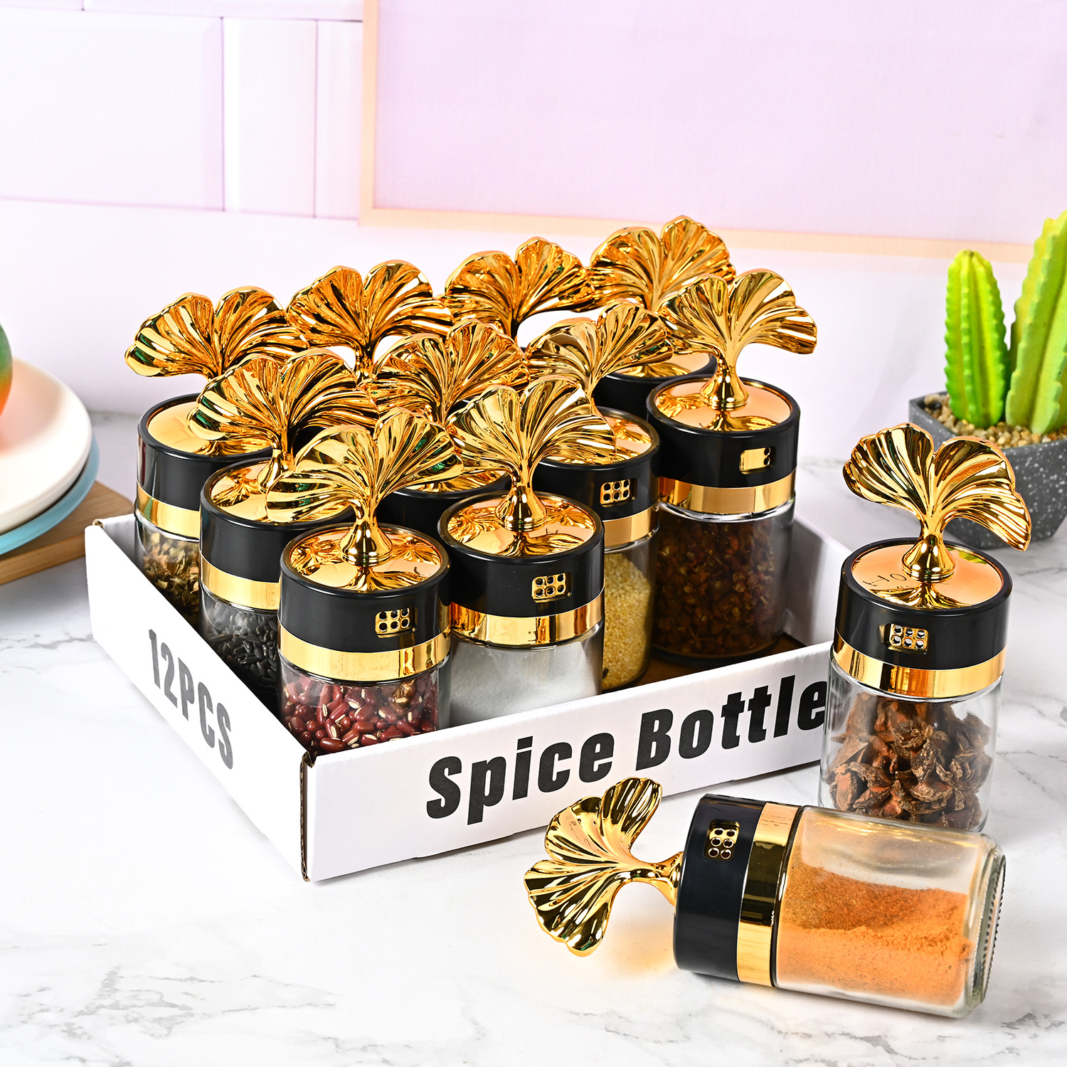 Nueva cocina sellada ginkgo hoja condimento botella hogar frasco de sal vidrio condimento botella condimento caja MSG condimento botella