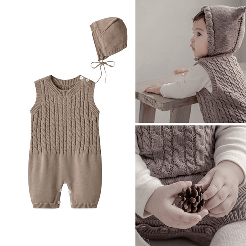 Ins Spring & Autumn Korean Version Baby Crawling Suit Pure Cotton Knitted Ribbed Shoulder Fastener Backless onesie with Hat