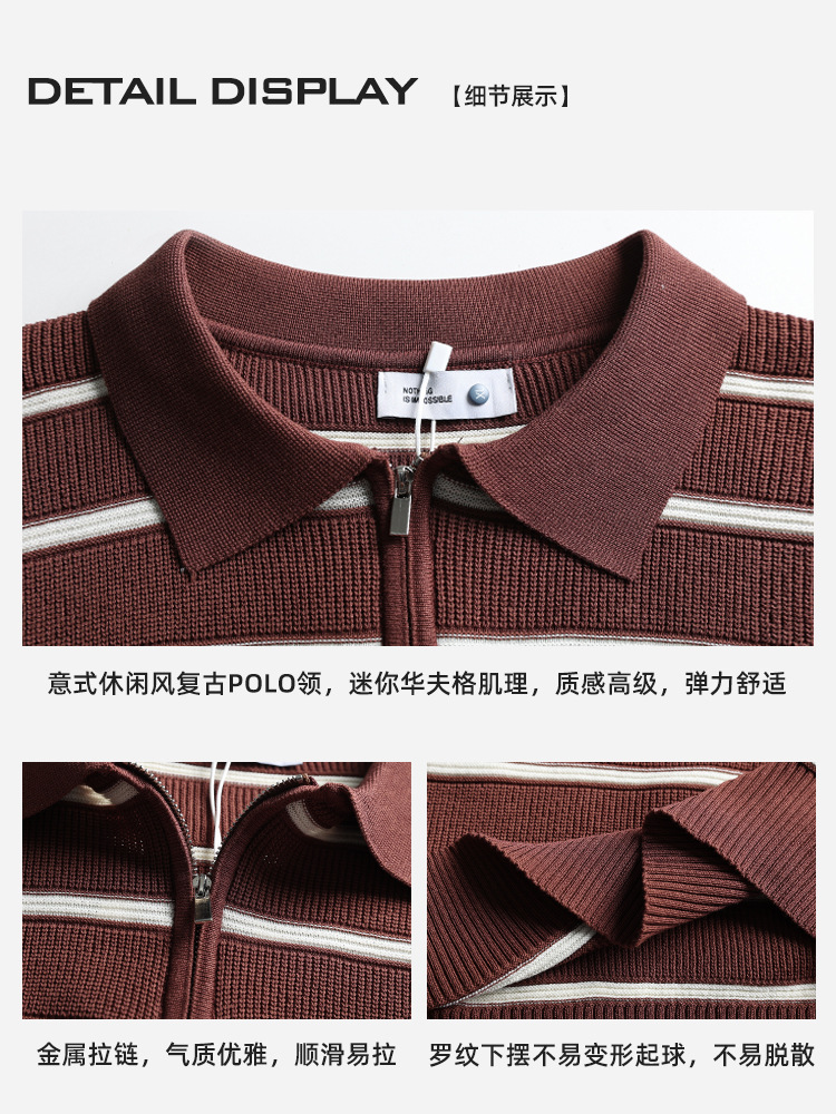 Camiseta de polo de punto a rayas horizontales de alta calidad, semia cremallera, texturizada, camiseta de mangas cortas de viaje de negocios para hombres