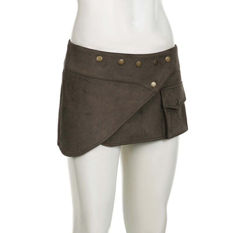 Wilderness Western Style Suede Rivet One Piece Miniskirt Ethnic Niche Pocket Splicing Low Waist Hip Skirt_ecoleips.com