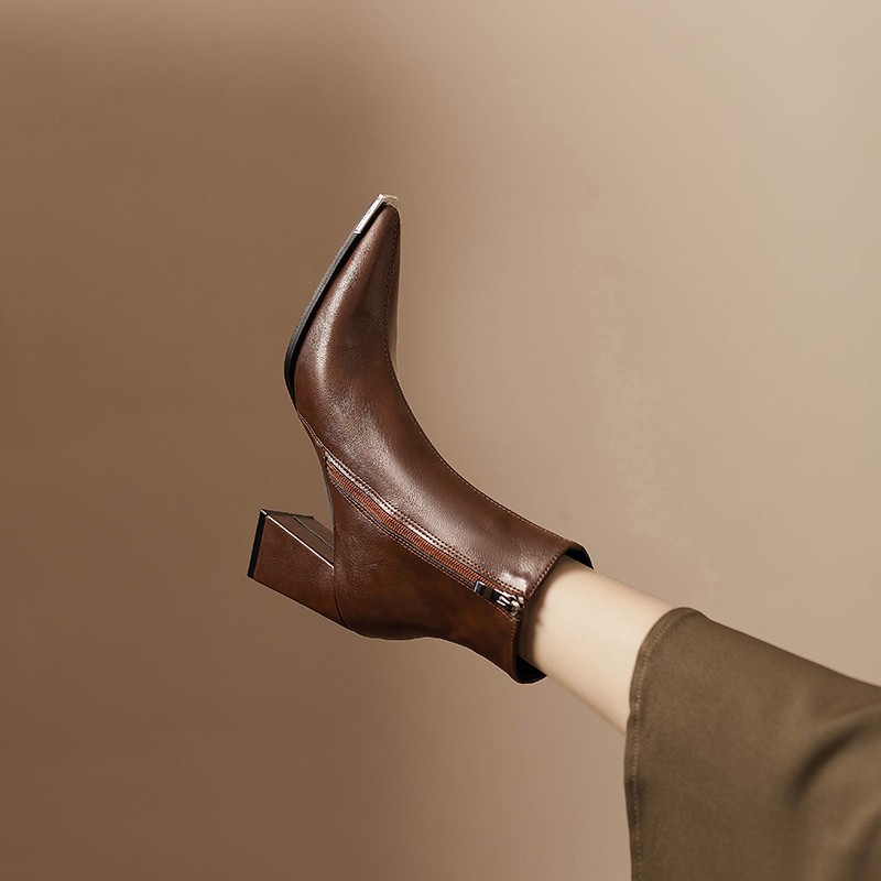 ShoeVault Pointed High For Women 2024 Soft Leather Autumn Winter New Metal Toe Martin Chunky Heel Ankle Single Boots_vogvips.com