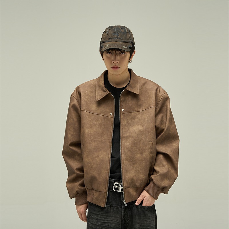 Quality American Style Retro Brown Lapel Leather Jacket Men's Jacket Maillard Suede Couple's Jacket Top