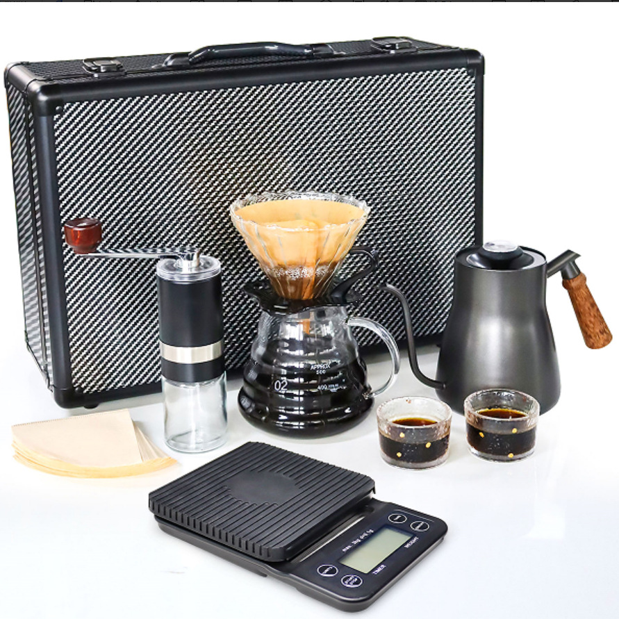 Seleccione un conjunto completo de cajas de almacenamiento de lujo para equipos de grado barista, un conjunto de café portátil al aire libre