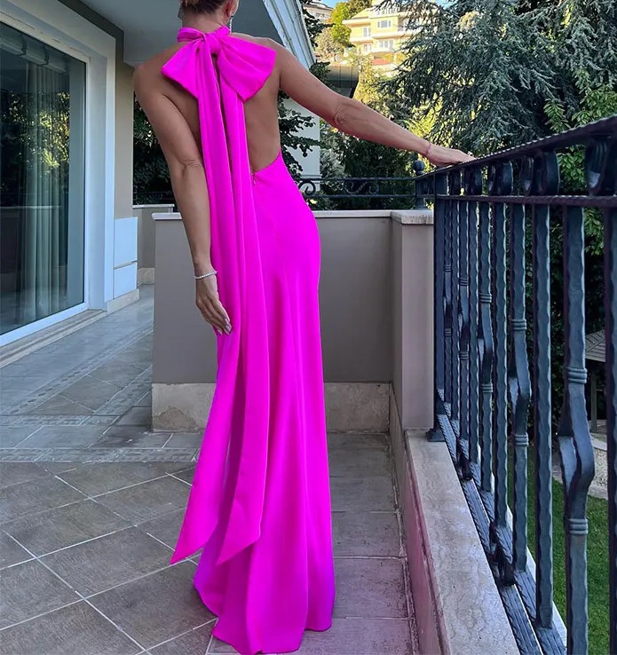 Sleeveless Sleeve Length Party Dress Dresses Type Polyester Fabric Type Wholesale Elegant Backless Solid Color Banquet Party Halter Neck Sleeveless Party Dress