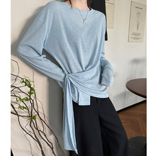 蓝色绑带防晒罩衫女夏季薄款显瘦冰丝薄纱长袖T恤设计感微透上衣