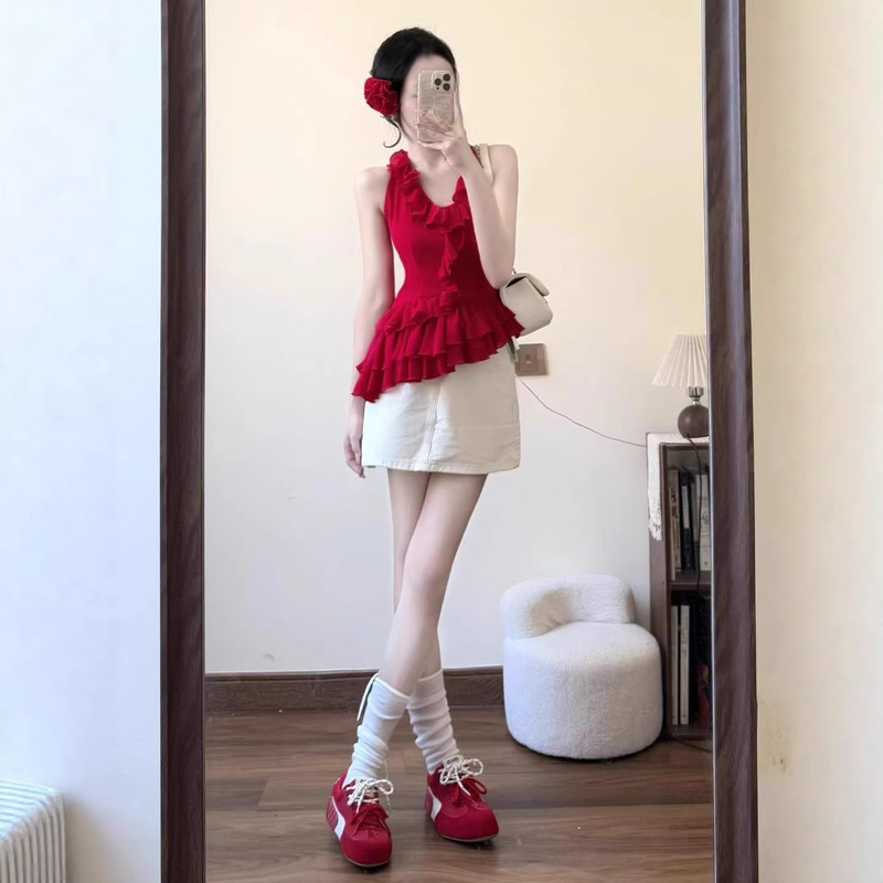 Summer 2026 New Style Red Halter Neck Sleeveless Camisole for Women, Irregular Ruffled Tank Top Summer 2026 New Style Red Halter Neck Sleeveless Camisole for Women, Irregular Ruffled Tank Top
