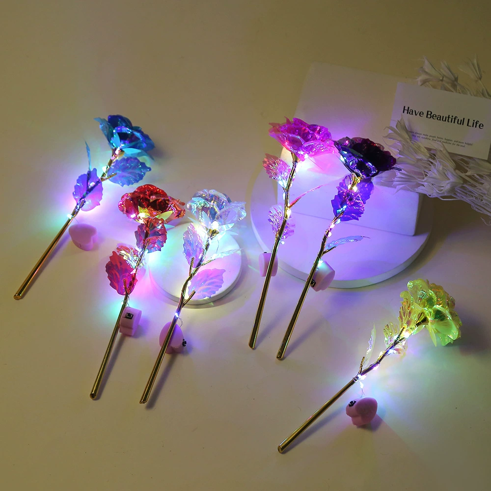 Разноцветная 24K золотая фольга цветок на одной ветке с LED лампой, подарок на День святого Валентина в Китае, декоративная роза кристаллический цветок, украшение, подарок