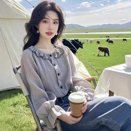 2025爆款独特绝美别致时髦设计感小众灰色木耳边拼接上衣女