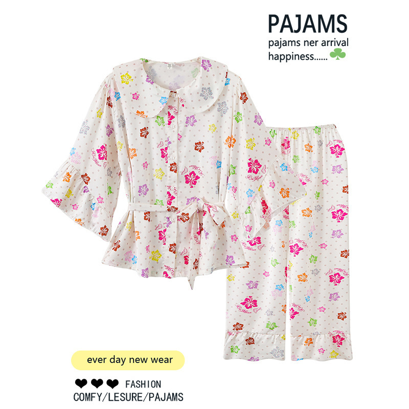 Ice Silk Long-Sleeved Pajamas for Women, Summer Wear, Floral Korean Style Girl's Home Wear, Doll Collar Set