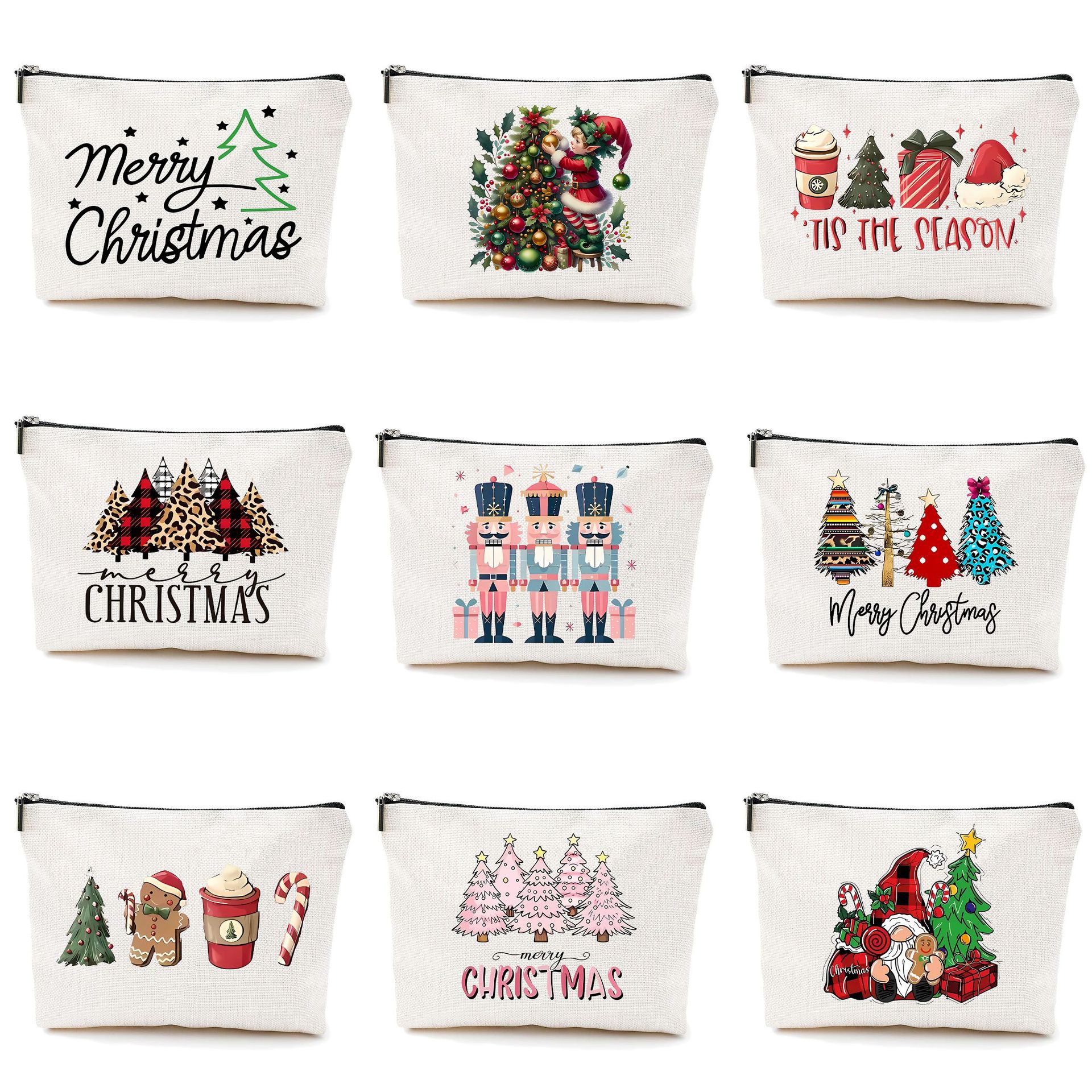 Bolsa de maquillaje transfronteriza de Amazon damas bolsas de maquillaje de patrón creativo de Navidad bolsas de almacenamiento de lino bolsa de cremallera impermeable