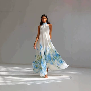 2026春夏季欧美新款女装跨境独立站印花时尚无袖挂脖长款连衣裙