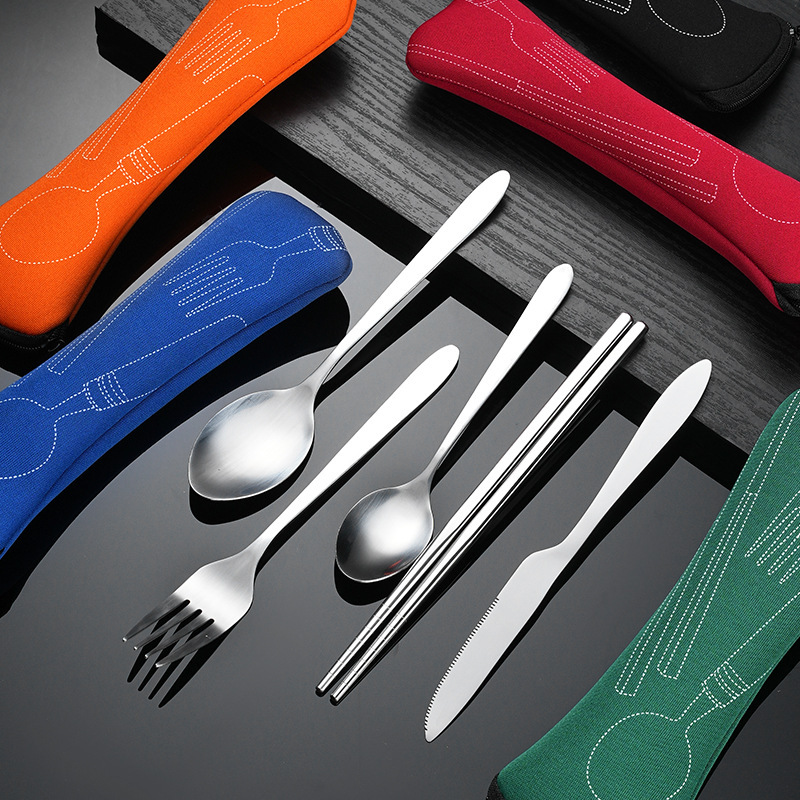 Stainless Steel Portable Knife, Fork, Spoon and Chopsticks 5-Piece Student Outdoor Picnic Travel Tableware Set with Printable Logo Stainless Steel Portable Knife, Fork, Spoon and Chopsticks 5-Piece Student Outdoor Picnic Travel Tableware Set with Printable Logo