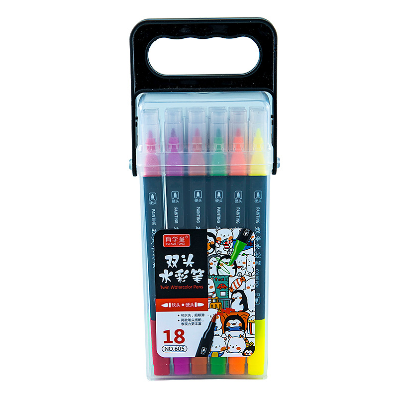 Mango de pluma de acuarela de doble cabeza pincel de pintura en caja cepillo de cabeza suave de fibra suministros de arte para niños pluma de acuarela lavable