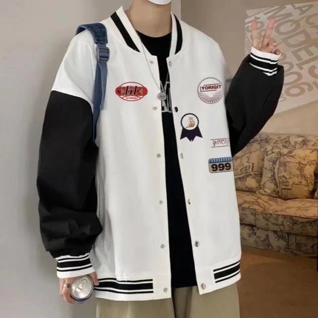 一件代发美式潮牌夹克外套男简约拼接棒球服宽松休闲夹克外套男|undefined