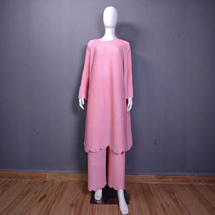 Miyake Pleated Miyaki Pure Color Beaded Hot Diamond Work Clothing Comfortable Women's Pants Suit Two-Piece Muslim Set