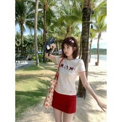 かわいいキティリボン刺繍水玉半袖Tシャツレディース夏甘いホットガールスリムフィットデザイントップ