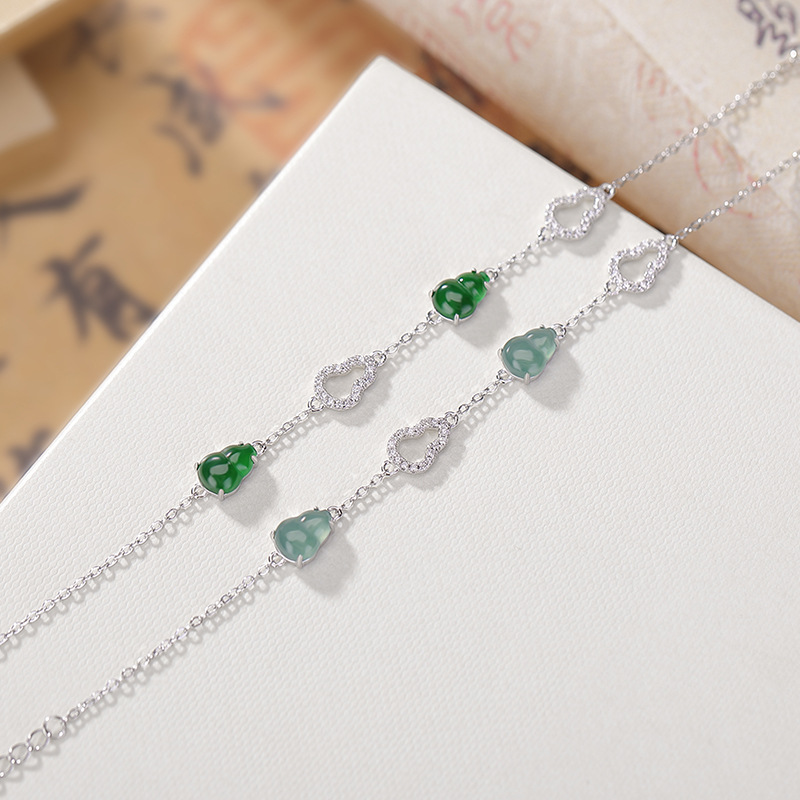 Vòng tay bạc S925 đính ngọc bích xanh phong cách Trung Quốc Fulu rỗng — Mẫu ngọc bích nước xanh