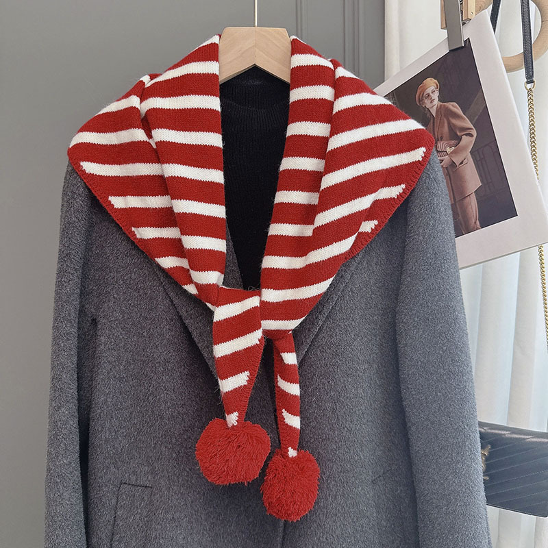 可爱甜美条纹三个毛球围脖女冬季保暖三角巾撞色外搭坎肩披肩学生