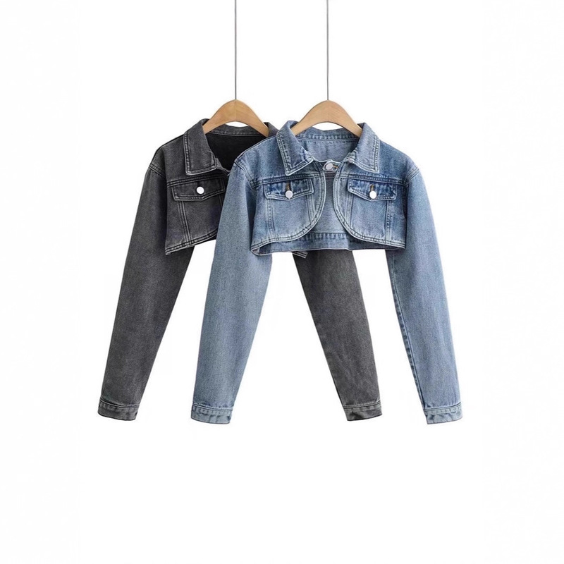 Cross-Border 20225 Spring and Autumn New European and American Denim Jacket Lapel Slim Short Washed Retro Women's Jacket Cross-Border 20225 Spring and Autumn New European and American Denim Jacket Lapel Slim Short Washed Retro Women's Jacket