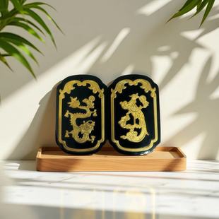 4D Gold Inlaid Hetian Jade Lace Antique Dragon and Phoenix Ink Jade Pendant Couple Model Pure Gold 999 Factory Wholesale