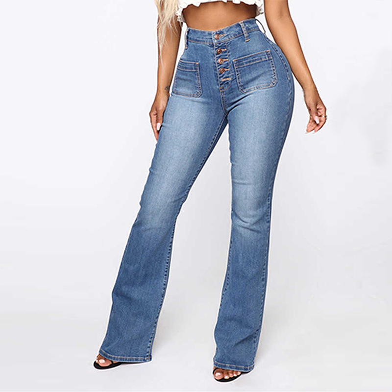 Women's Jeans With Button Up Patch Pockets Washed Denim Trousers_voghion.com