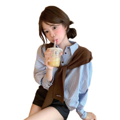 早秋衬衣女款2025新款法式时尚高级感小资蓝色条纹长袖衬衫上衣