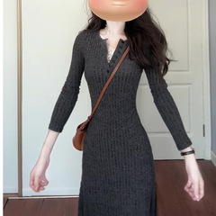 锦倩高级感针织连衣裙女2025秋冬新款百搭气质打底法式长裙圆领女