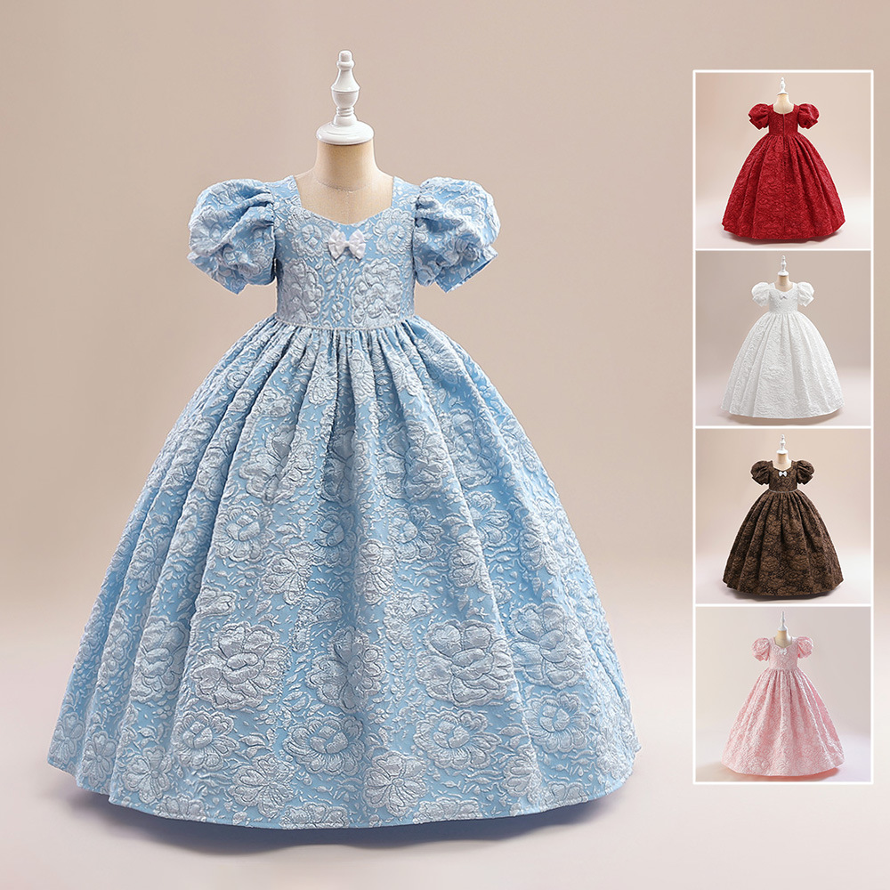 Amazon nuevo vestido de niñas vestido de princesa manga de burbuja impreso mullido tridimensional princesa vestido de piano anfitrión rendimiento